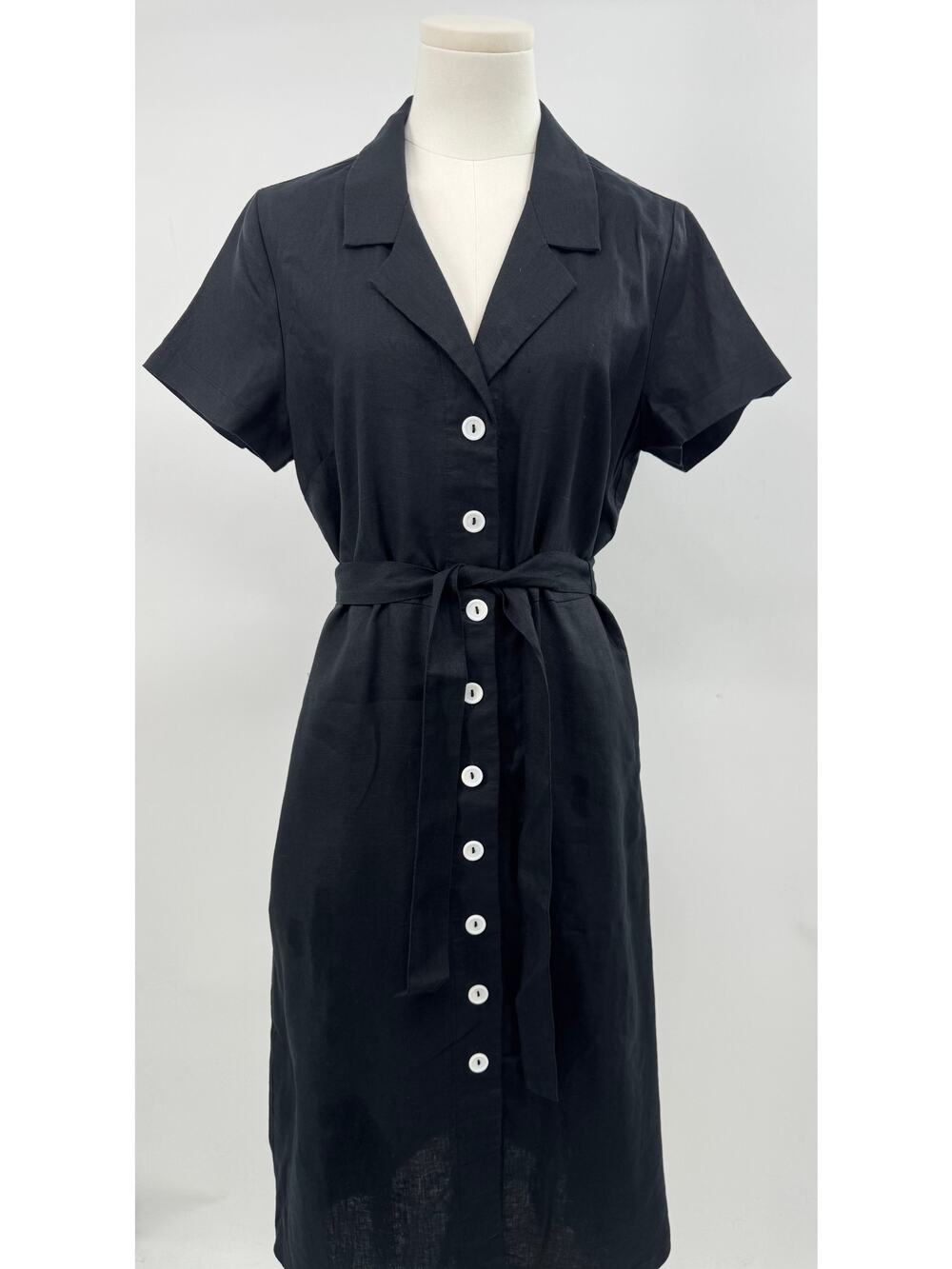 Quince Black Linen Shirt Dress Button Up Short Sleeve Tie Waist Midi S NWT